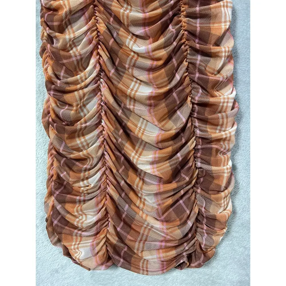 Y2K Checkered Brown Plaid Ruched Bodycon Mini Dress Puff Sleeve Medium - Picture 6 of 9